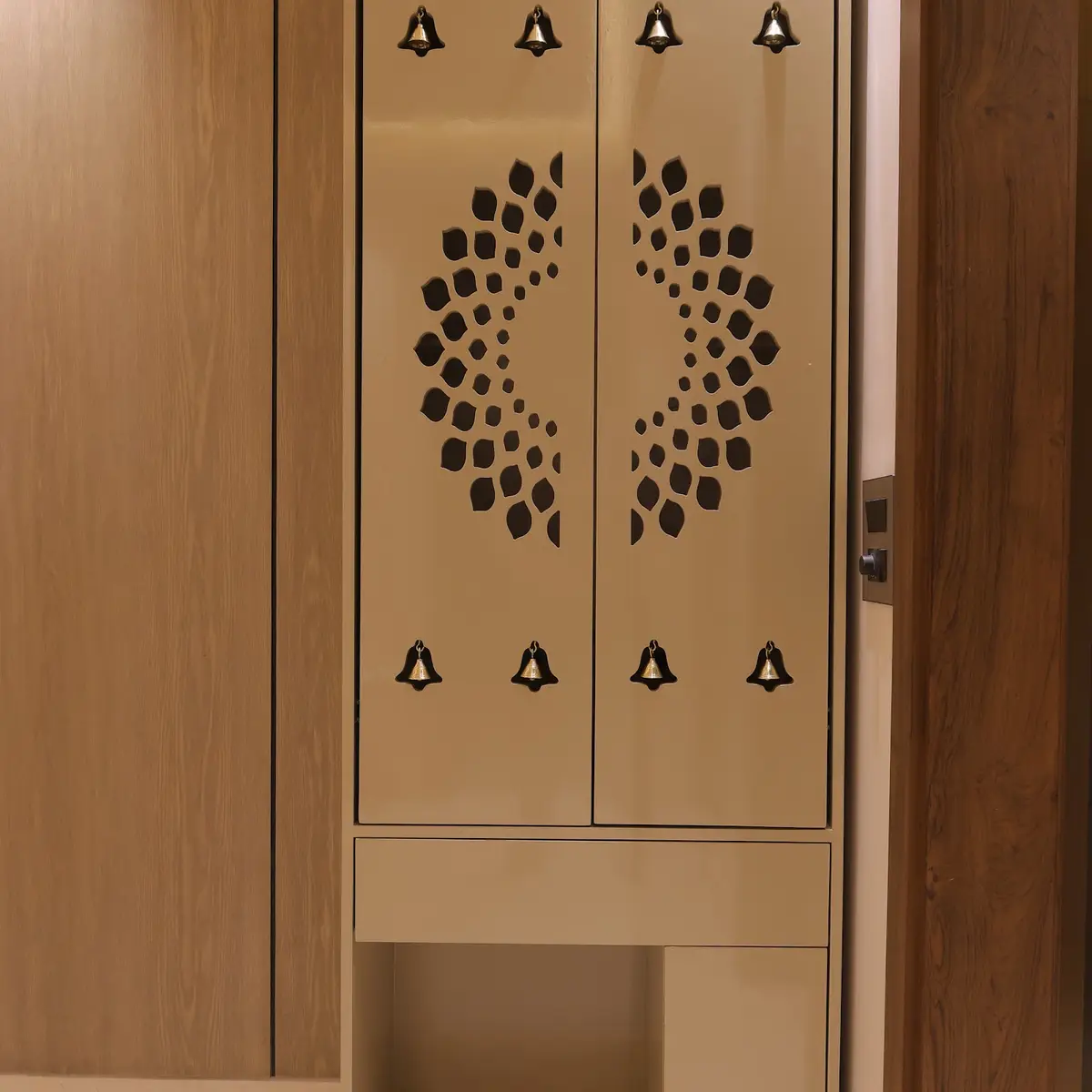 beige modern indian pooja room with pooja — real Indian home