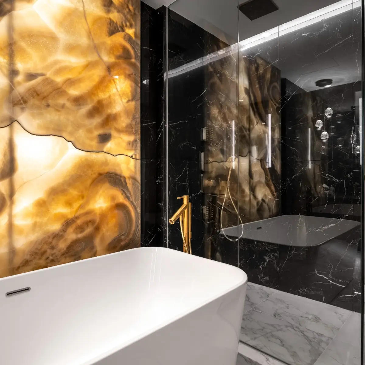 jewel tone luxury bathroom with cladding — real Indian home