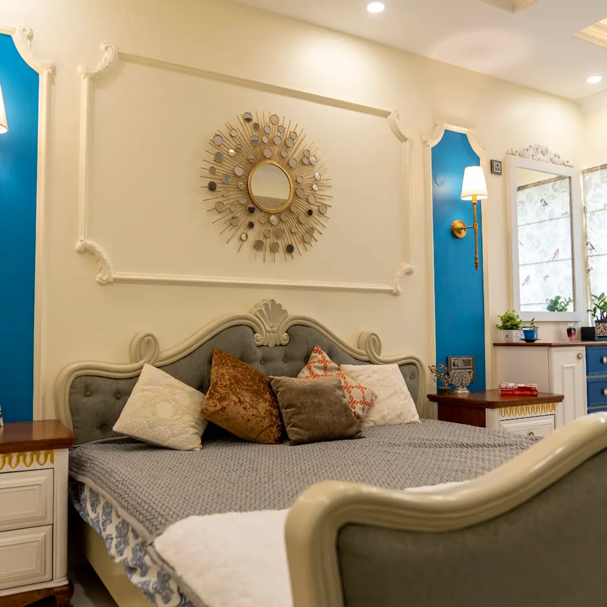 jewel tone traditional master bedroom with moulding — real Indian home