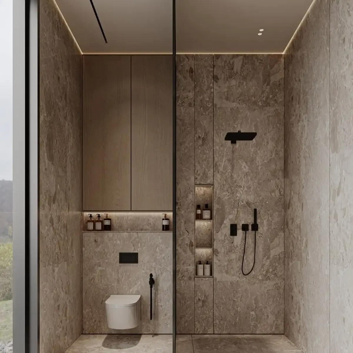 earthy modern minimalist bathroom with vanity — real Indian home