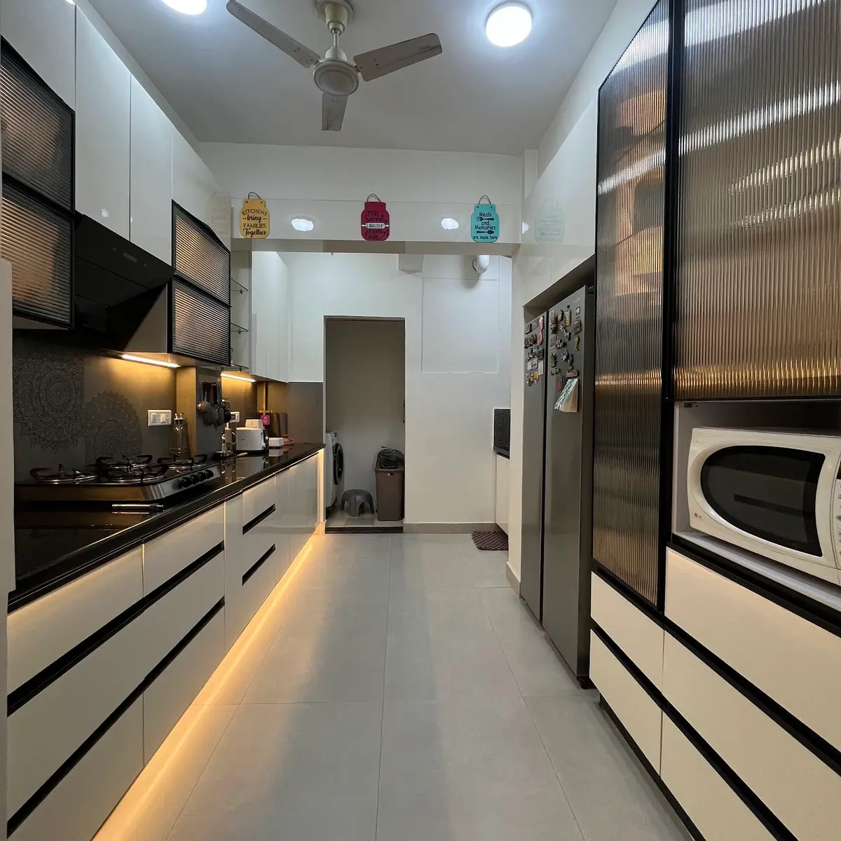 black and white modern indian kitchen with layout — real Indian home