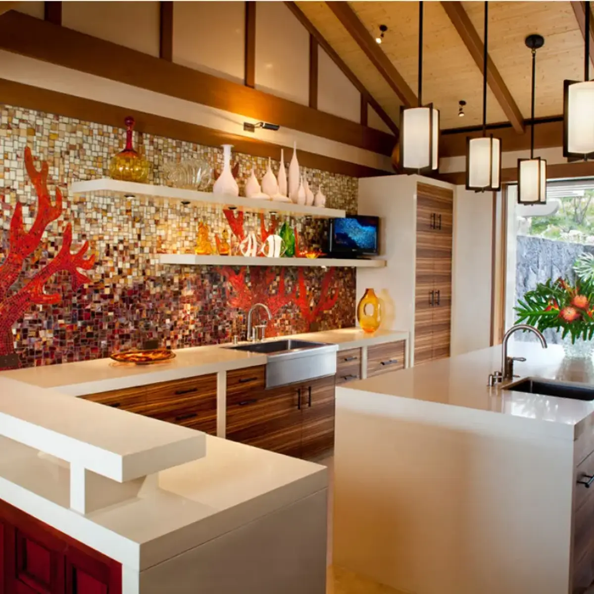 bold colour mid century kitchen with layout — real Indian home