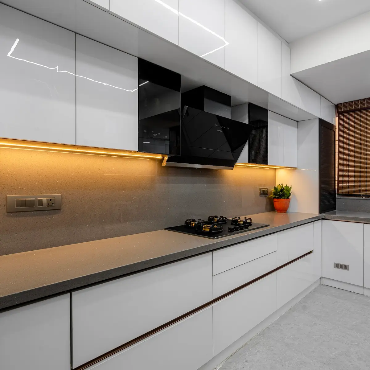 black and white modern minimalist kitchen with layout — real Indian home