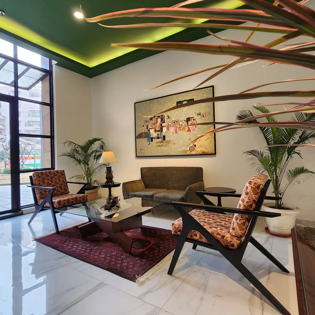 bold colour mid century living room with cove — real Indian home