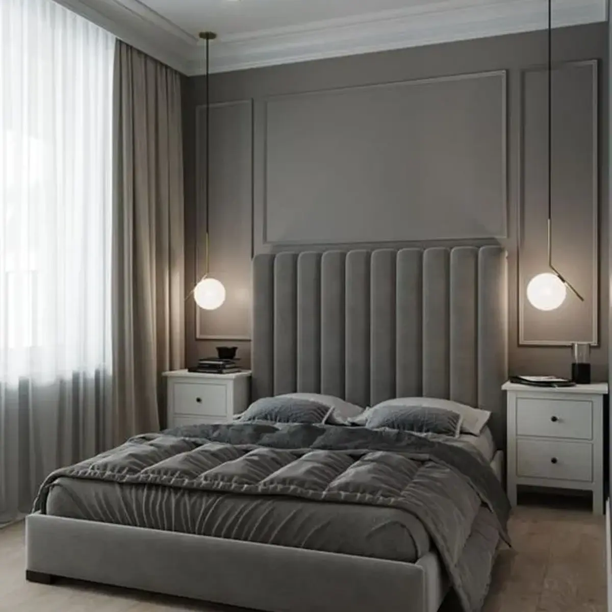 grey traditional master bedroom with moulding — real Indian home
