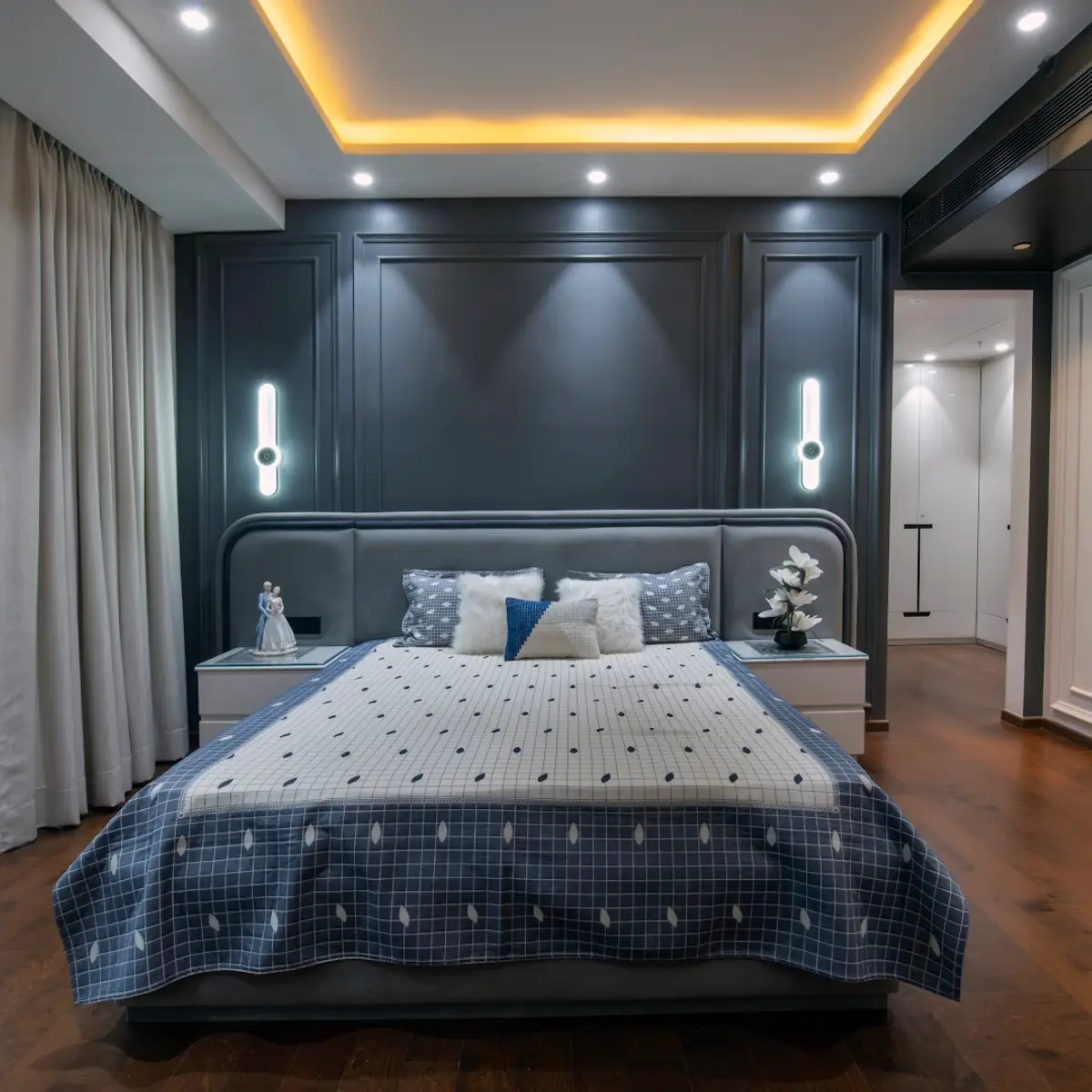 grey modern indian master bedroom with moulding — real Indian home