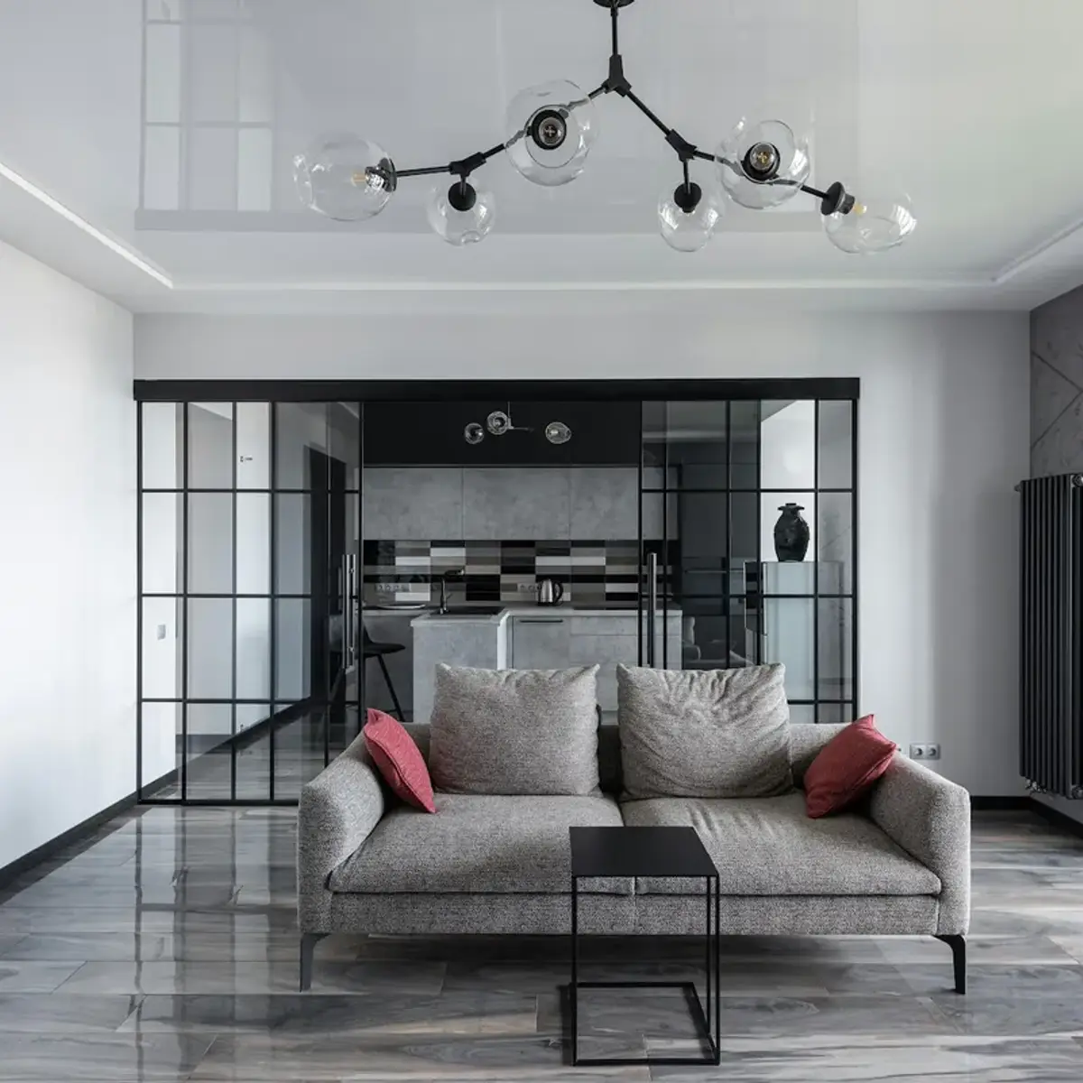 grey modern minimalist living room with seating — real Indian home