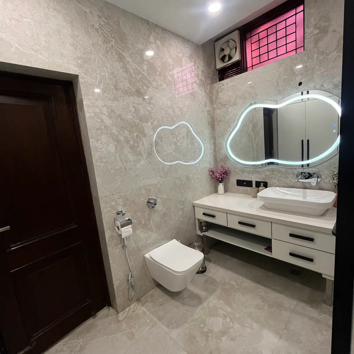 grey modern minimalist bathroom with vanity — real Indian home