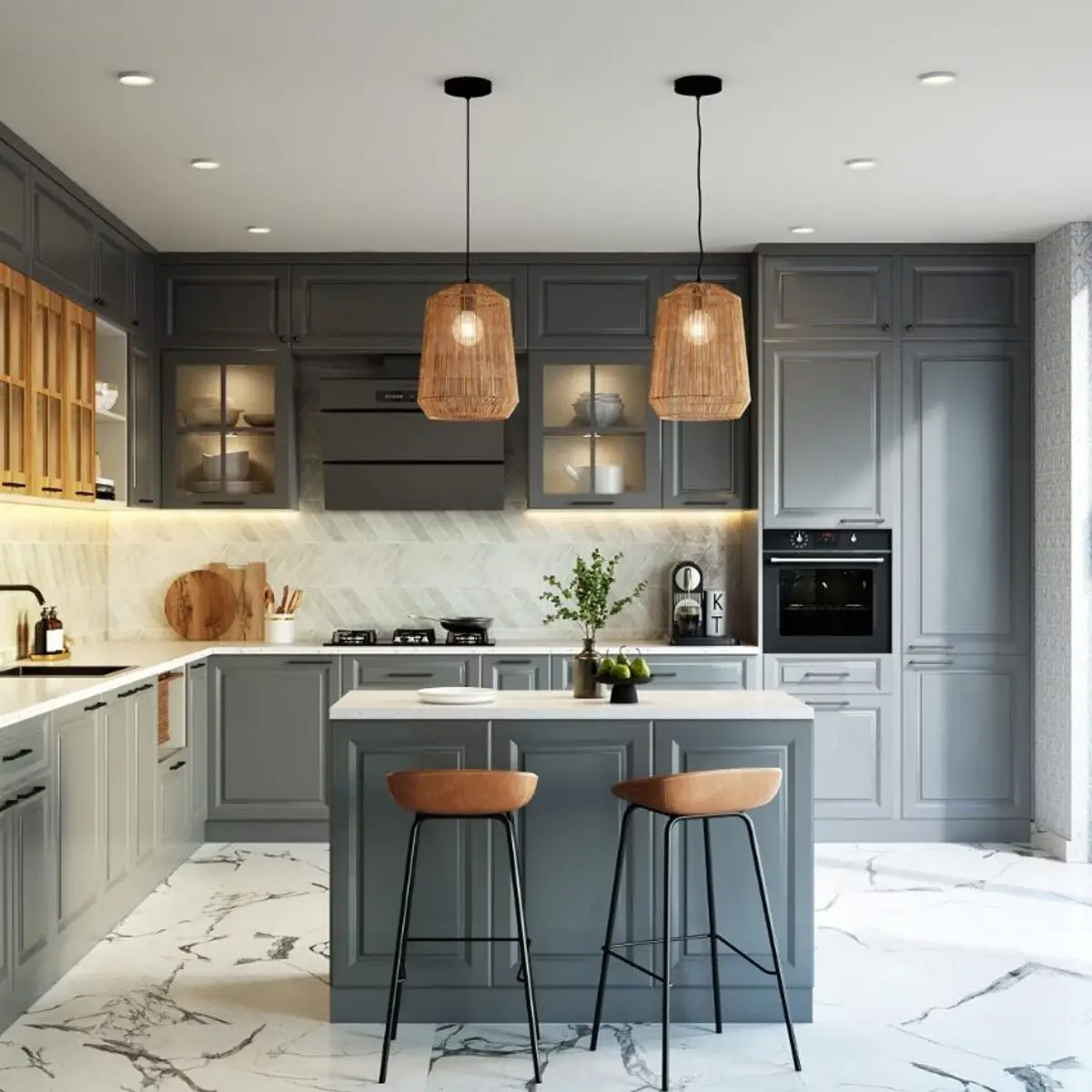 grey traditional kitchen with layout — real Indian home