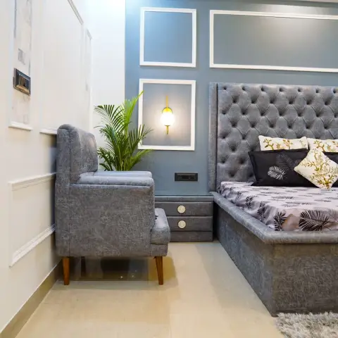 grey traditional master bedroom with moulding — real Indian home