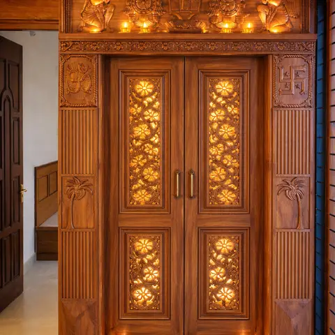 beige traditional pooja room with pooja — real Indian home