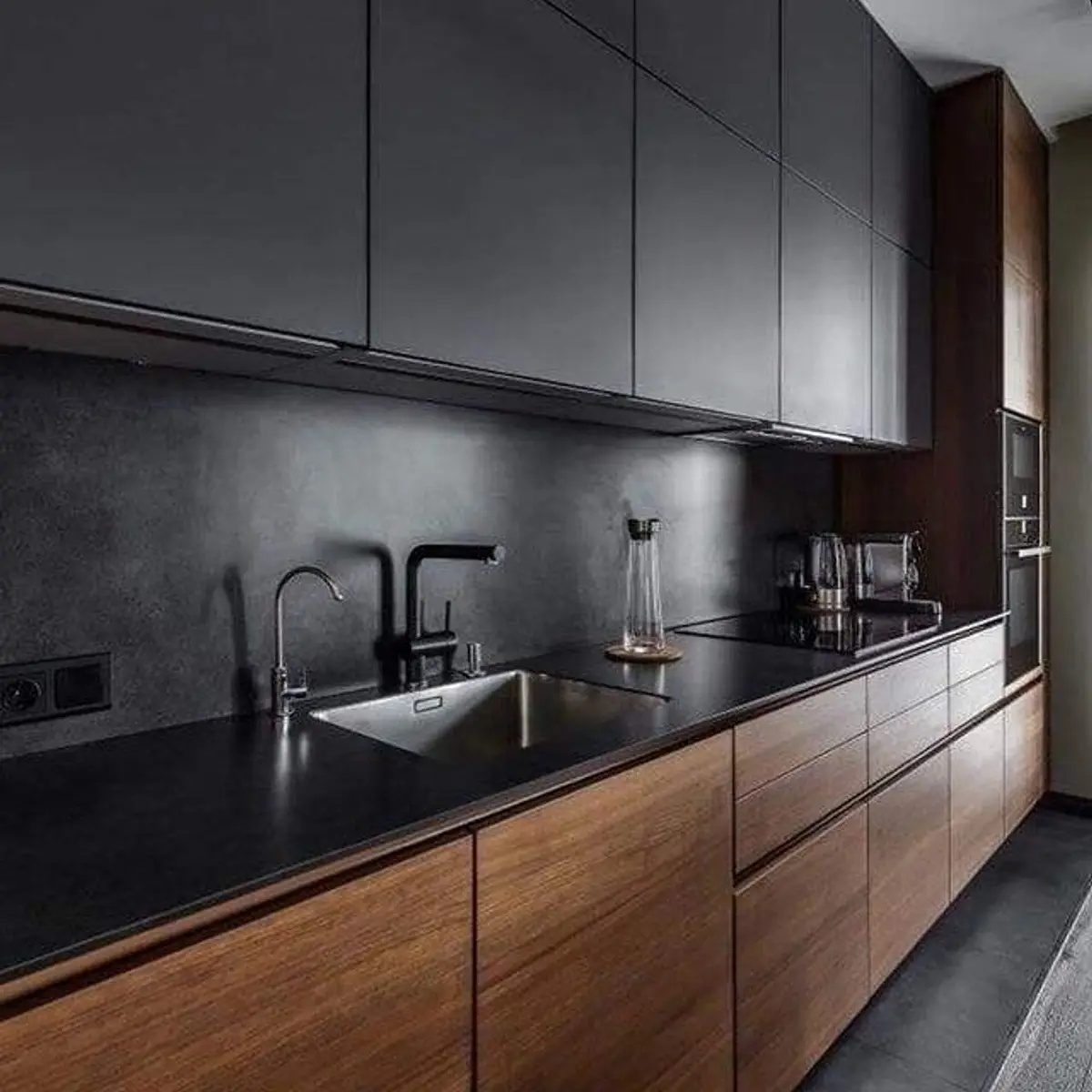earthy modern minimalist kitchen with shutter — real Indian home