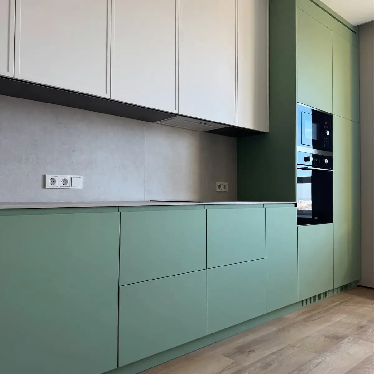 pastel modern minimalist kitchen with layout — real Indian home