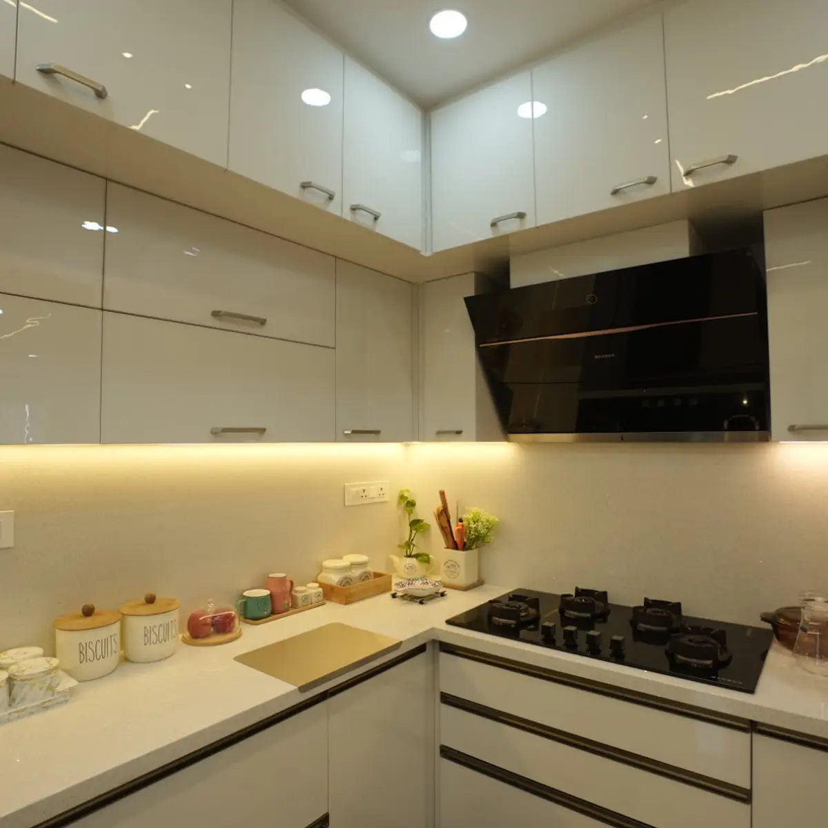 beige modern indian kitchen with shutter — real Indian home
