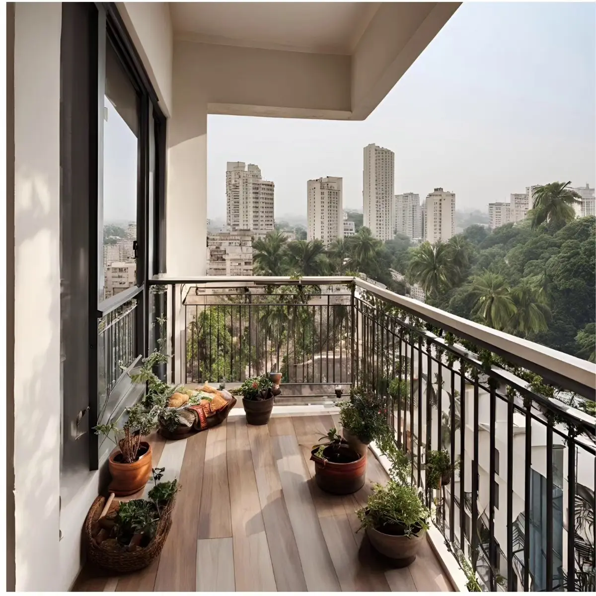 earthy modern minimalist balcony with wood — real Indian home