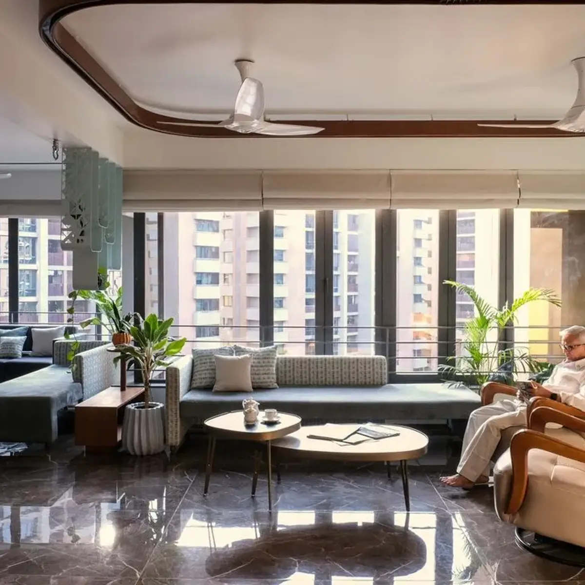 grey modern indian living room with false — real Indian home