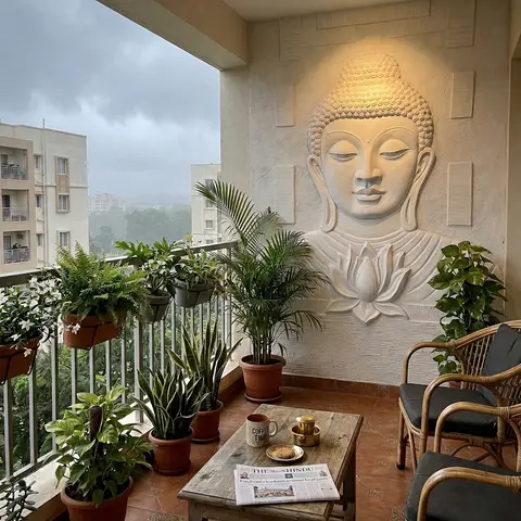 Balcony with terracotta tile floor, rattan chairs and dense potted greenery in monsoon light