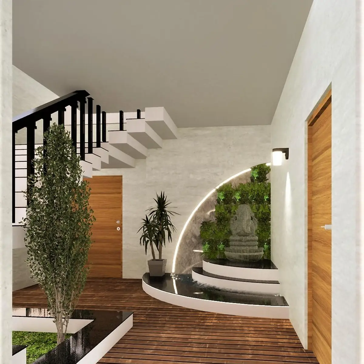 earthy modern indian entrance foyer with wood — real Indian home