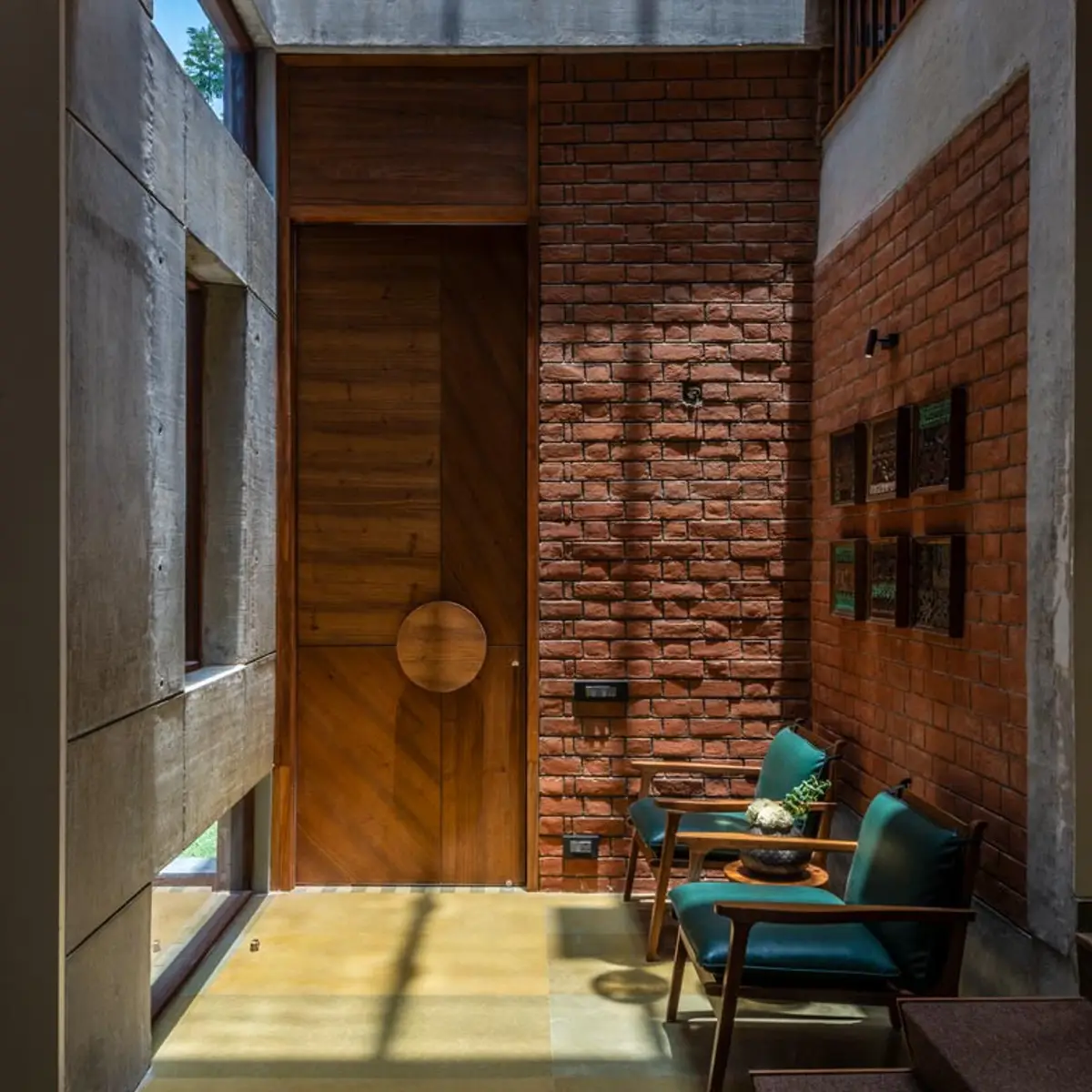earthy mid century entrance foyer with main — real Indian home