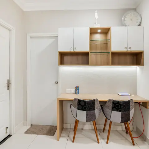 beige modern minimalist study room with study — real Indian home