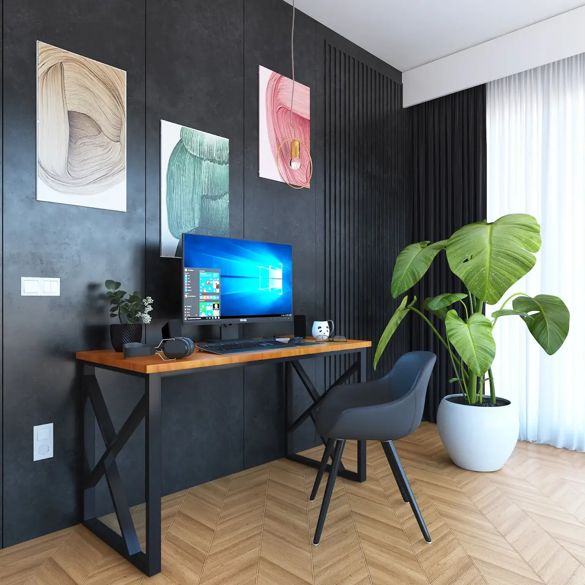 black and white industrial study room with texture — real Indian home