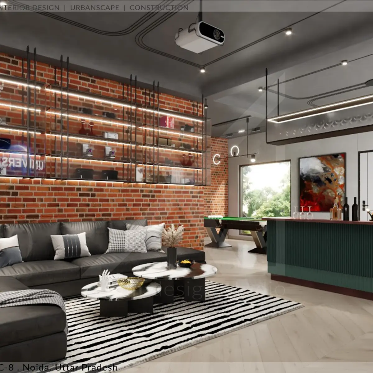 earthy industrial living room with cladding — real Indian home