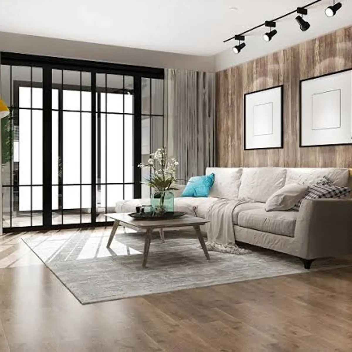 earthy industrial living room with cladding — real Indian home