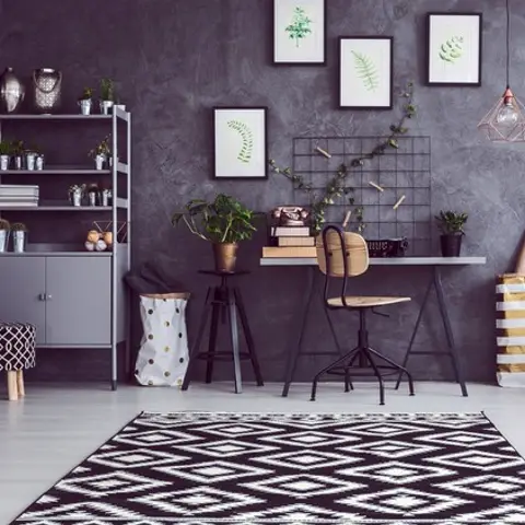 black and white industrial study room with texture — real Indian home