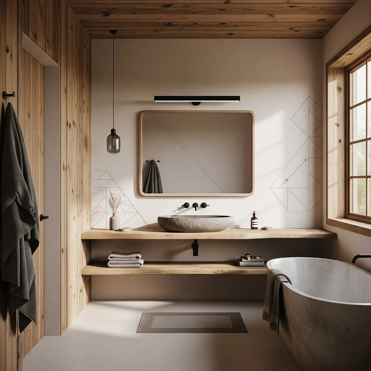 beige japandi bathroom with vanity — real Indian home