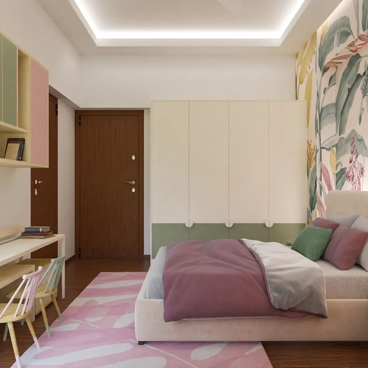 pastel scandinavian kids bedroom with wallpaper — real Indian home