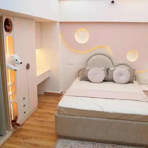 pastel scandinavian kids bedroom with wardrobe — real Indian home