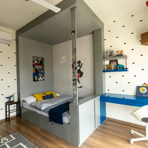 bold colour kids bedroom with bed — real Indian home