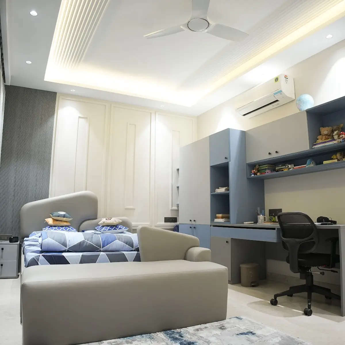 grey modern minimalist kids bedroom with cove — real Indian home