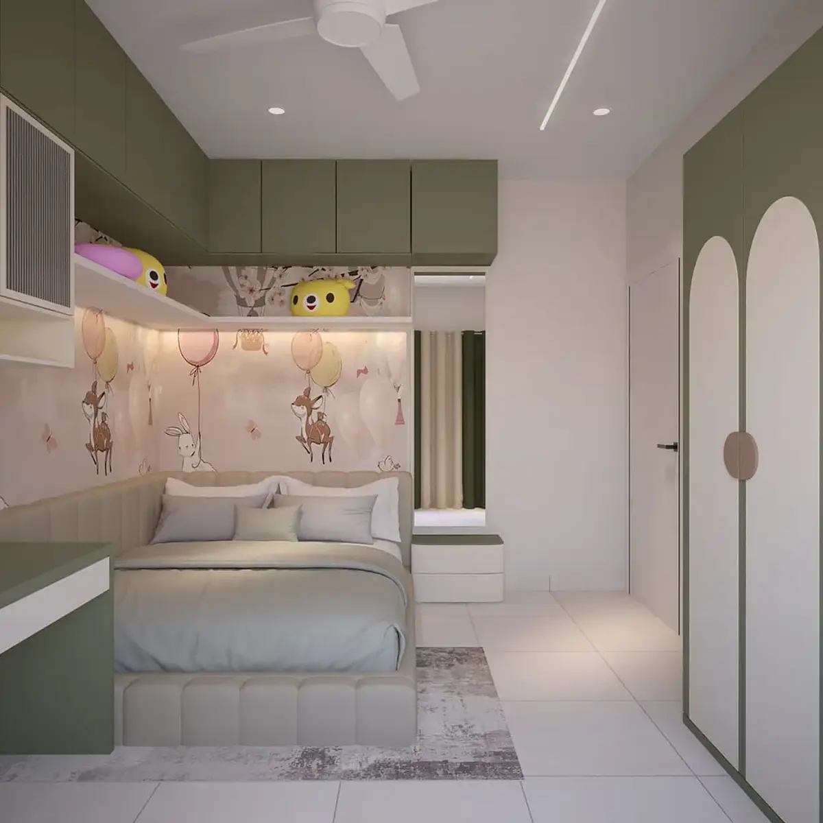 pastel modern minimalist kids bedroom with wallpaper — real Indian home
