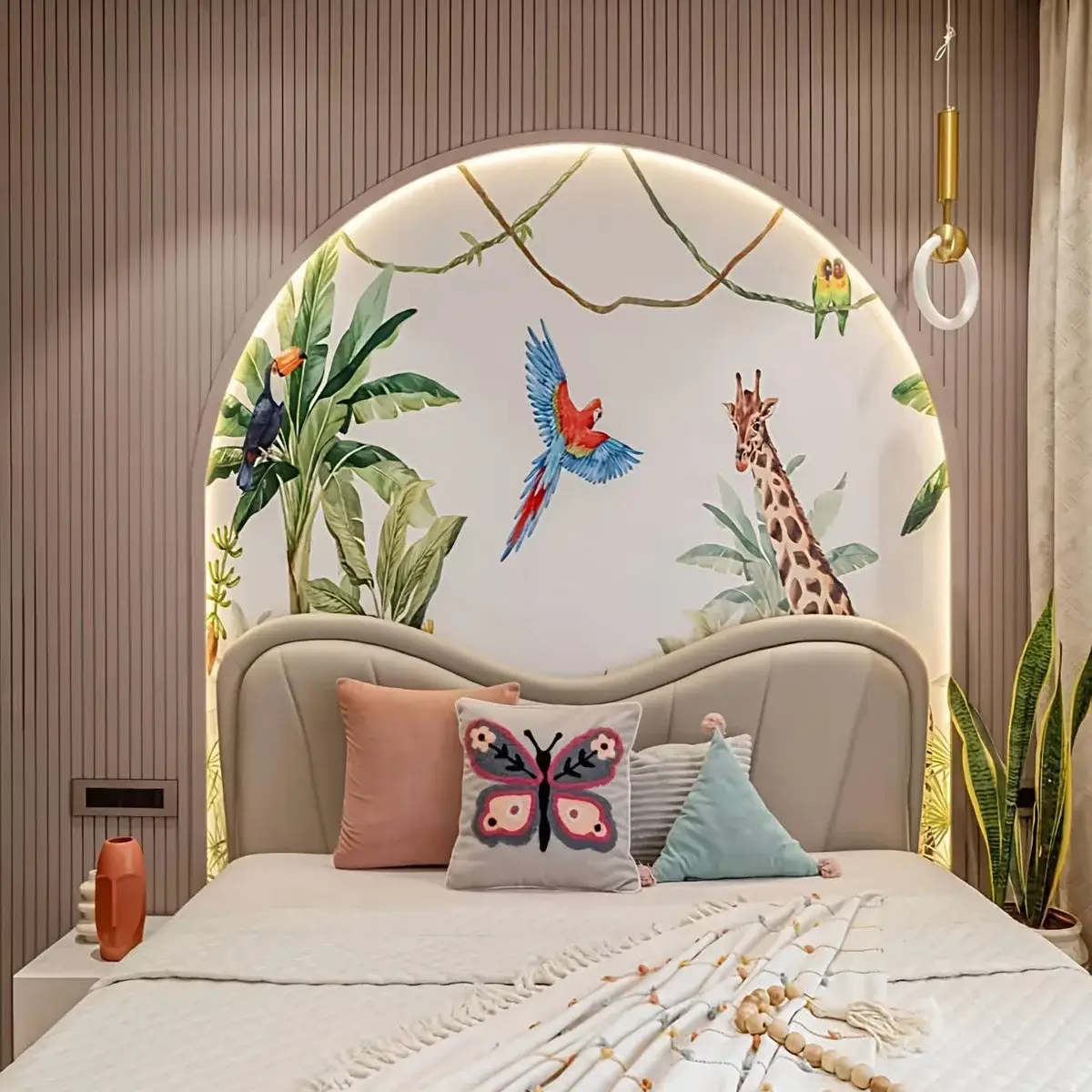 pastel boho kids bedroom with wallpaper — real Indian home