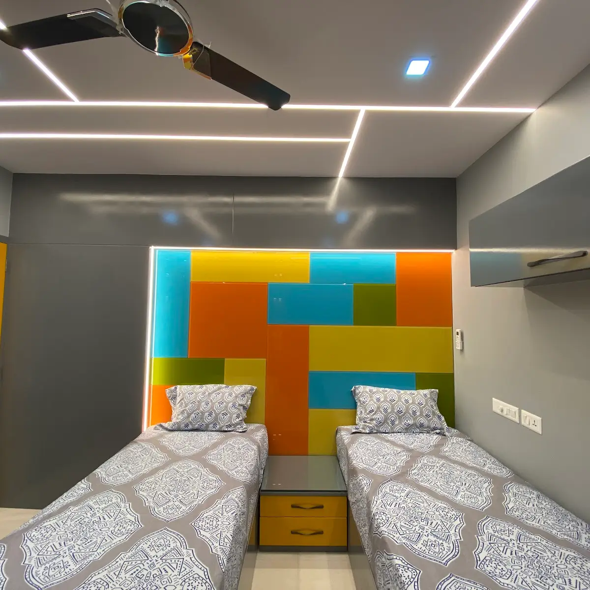 bold colour modern indian kids bedroom with pop — real Indian home