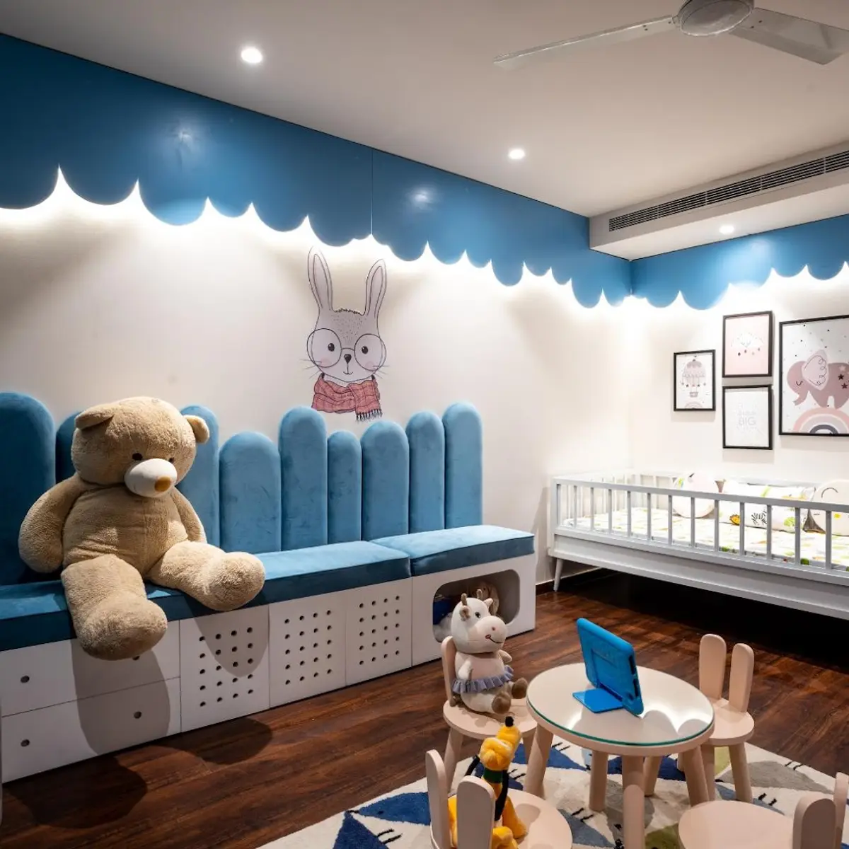 pastel scandinavian kids bedroom with moulding — real Indian home