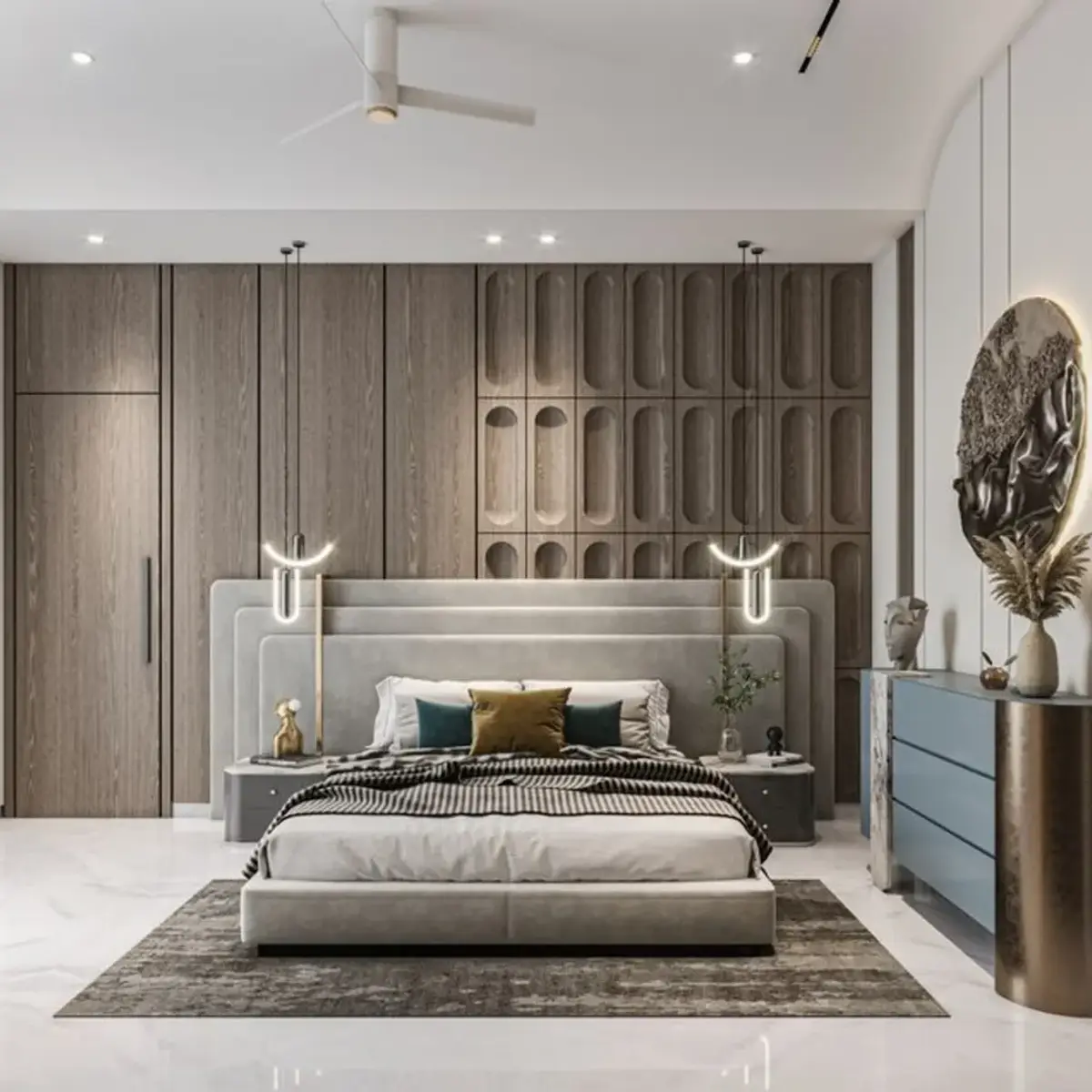 grey modern minimalist master bedroom with wardrobe — real Indian home