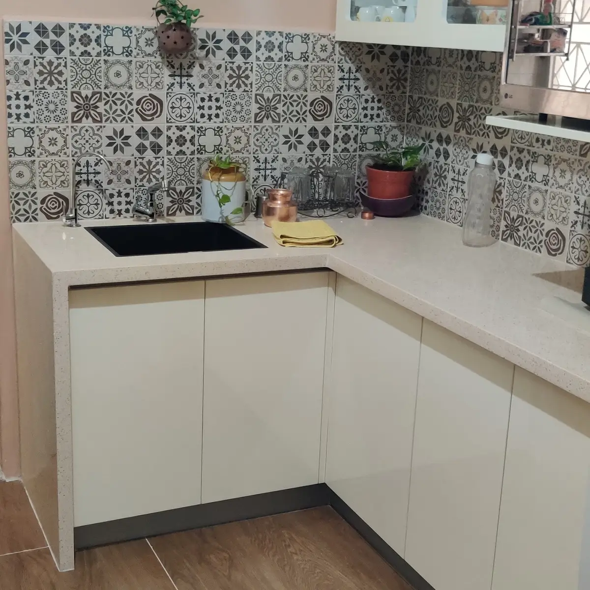 pastel boho kitchen with backsplash — real Indian home