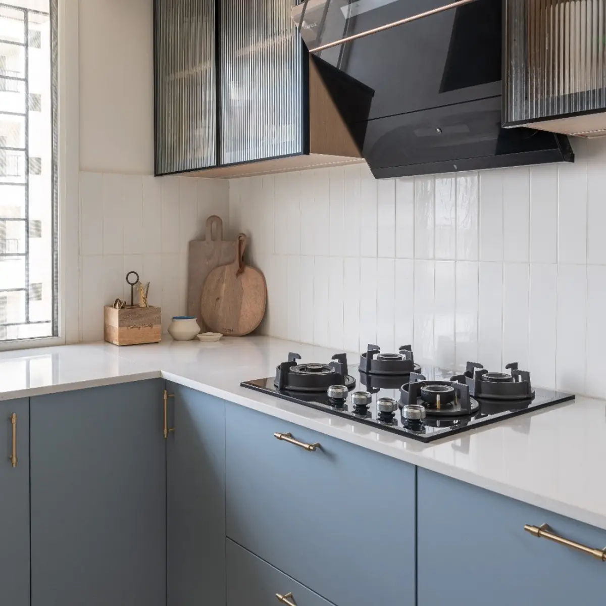 grey modern minimalist kitchen with shutter — real Indian home