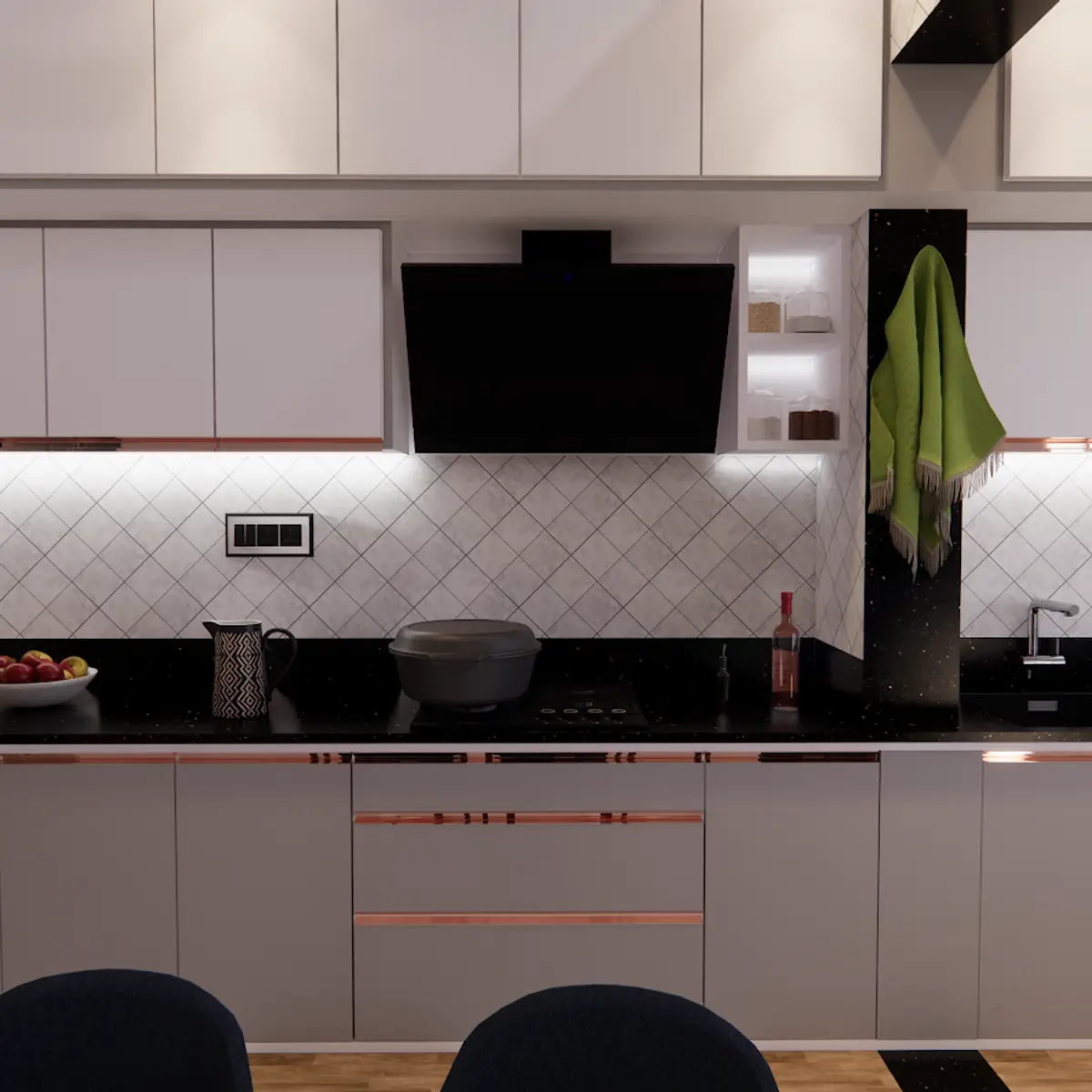 black and white modern indian kitchen with layout — real Indian home