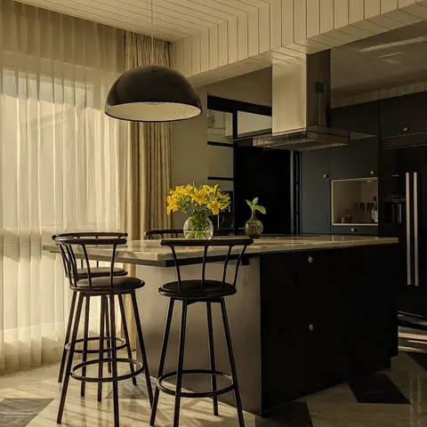 black and white modern minimalist kitchen with layout — real Indian home