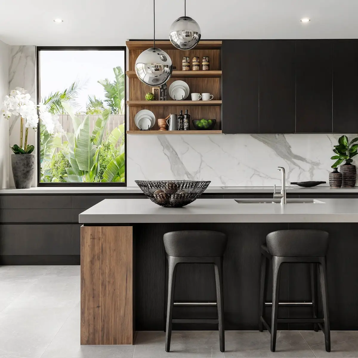 black and white modern minimalist kitchen with layout — real Indian home