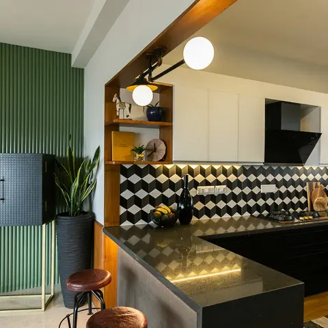 bold colour mid century kitchen with layout — real Indian home
