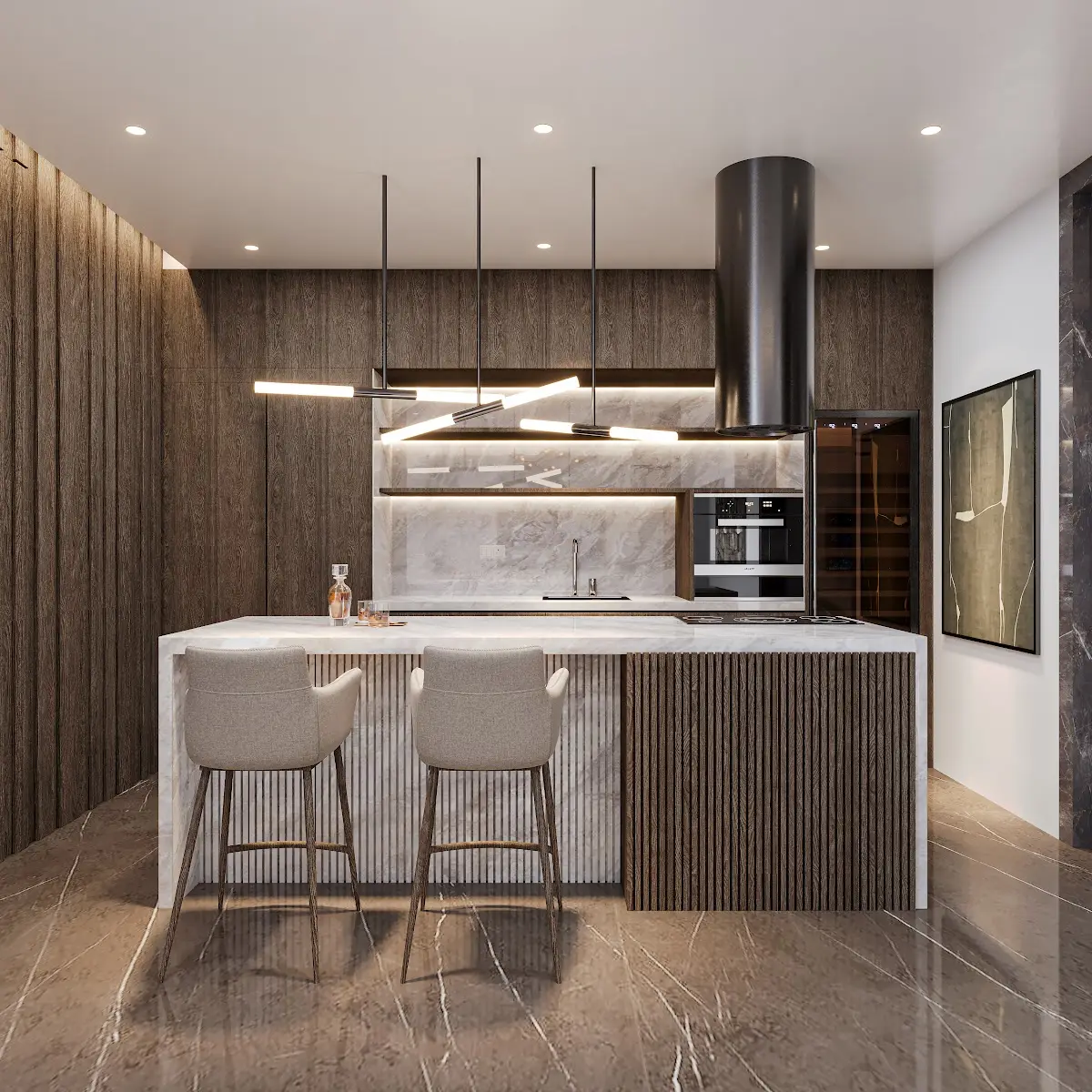 earthy modern minimalist kitchen with counter — real Indian home