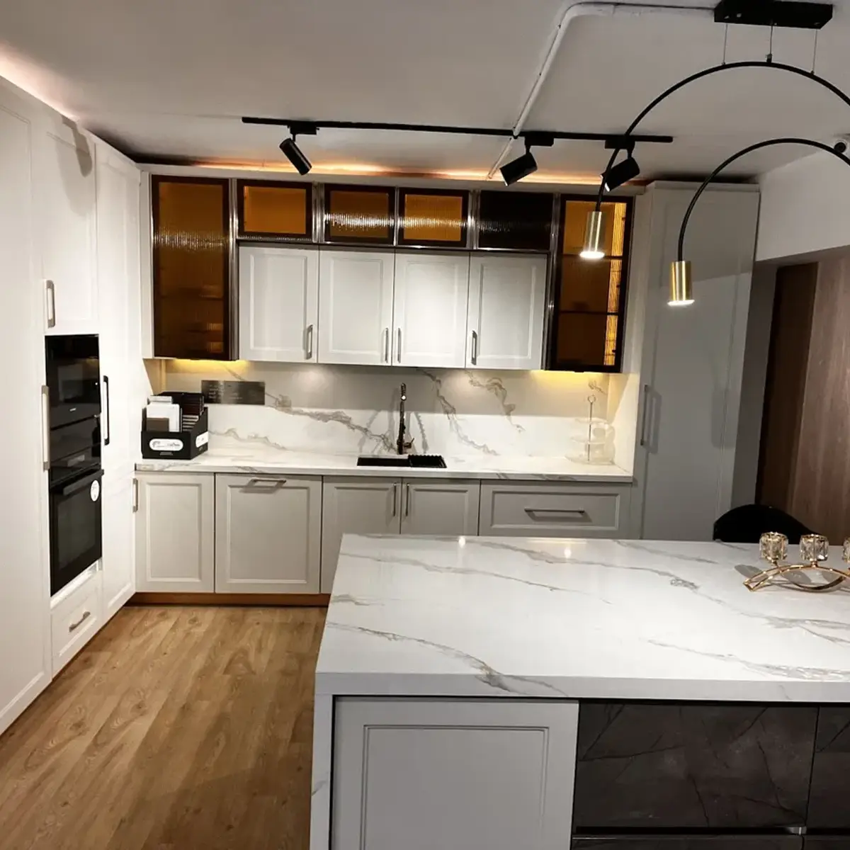 beige luxury kitchen with counter — real Indian home