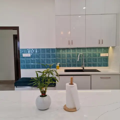 jewel tone modern minimalist kitchen with layout — real Indian home