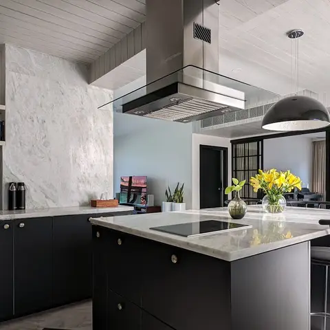 black and white modern minimalist kitchen with layout — real Indian home