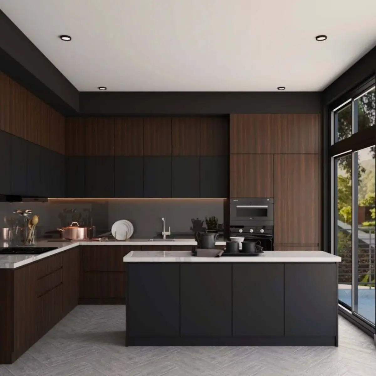grey modern minimalist kitchen with shutter — real Indian home
