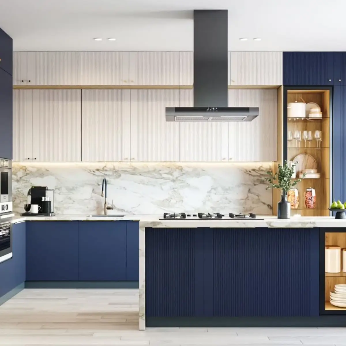 jewel tone modern minimalist kitchen with layout — real Indian home